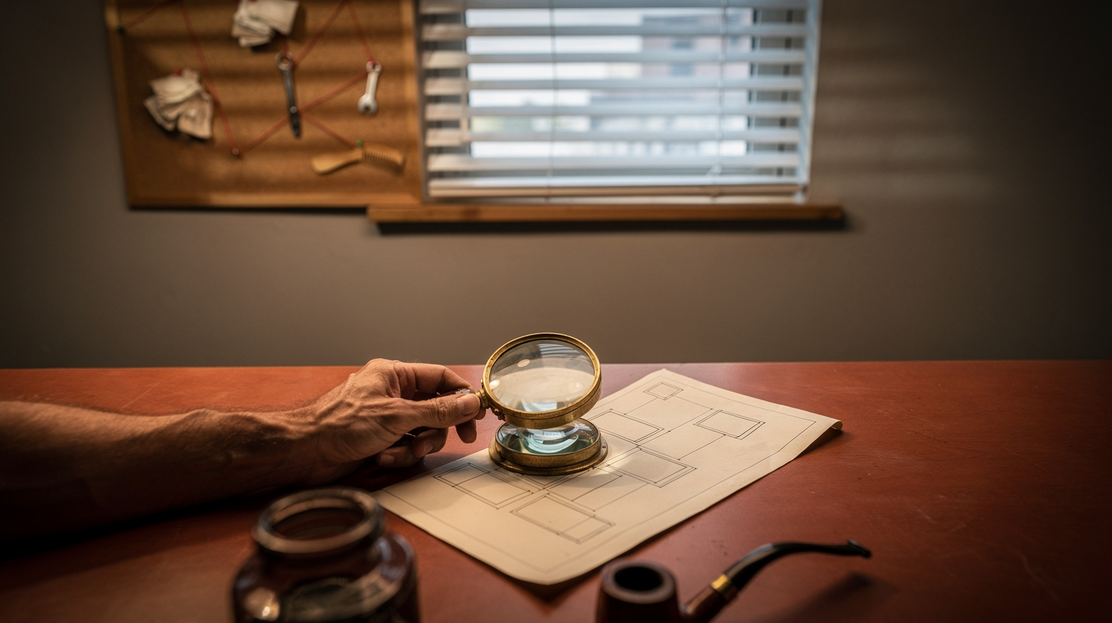 A magnifying glass held over a blueprint-style wireframe layout on a wooden desk, warm desk-lamp light, pipe smoke curling in the background.